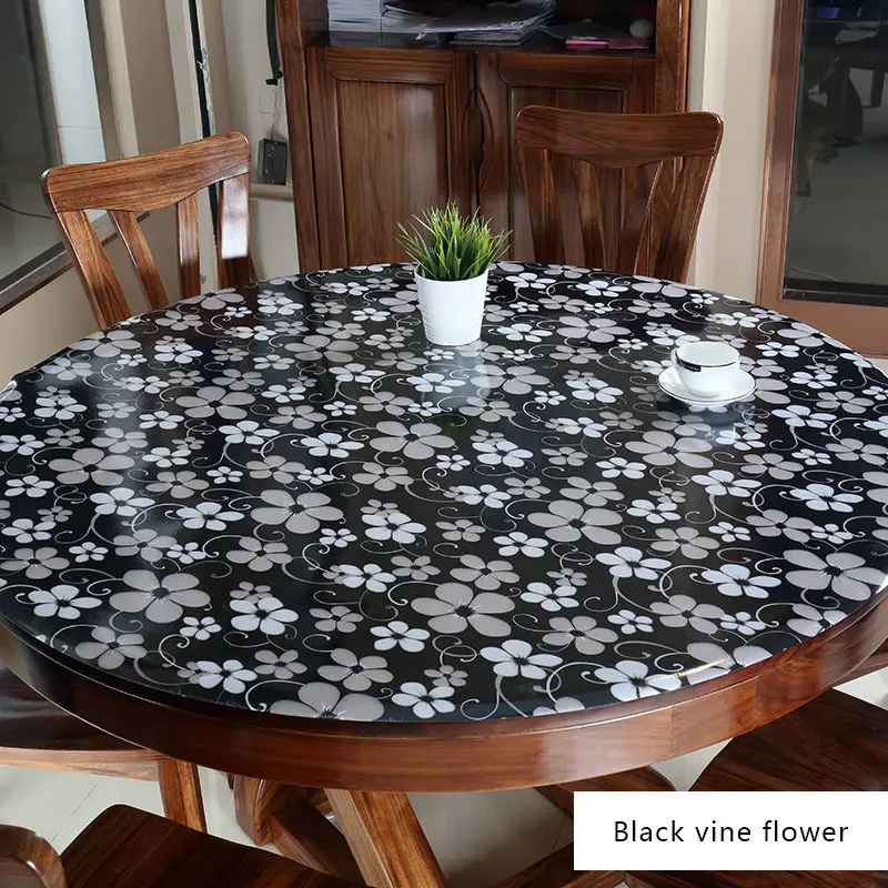 Black vine flower 1 IHAD круглая скатерть ПВХ пластиковые скатерти с принтом водонепроницаемый маслостойкий Мягкий стеклянный домашний кухонный коврик диаметр 60-90 см 1 мм - Цвет: Black vine flower 1