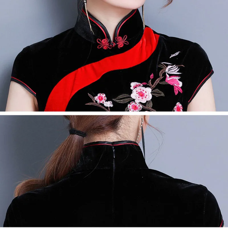 Женское китайское традиционное платье Cheongsam Золотое бархатное Ципао элегантное