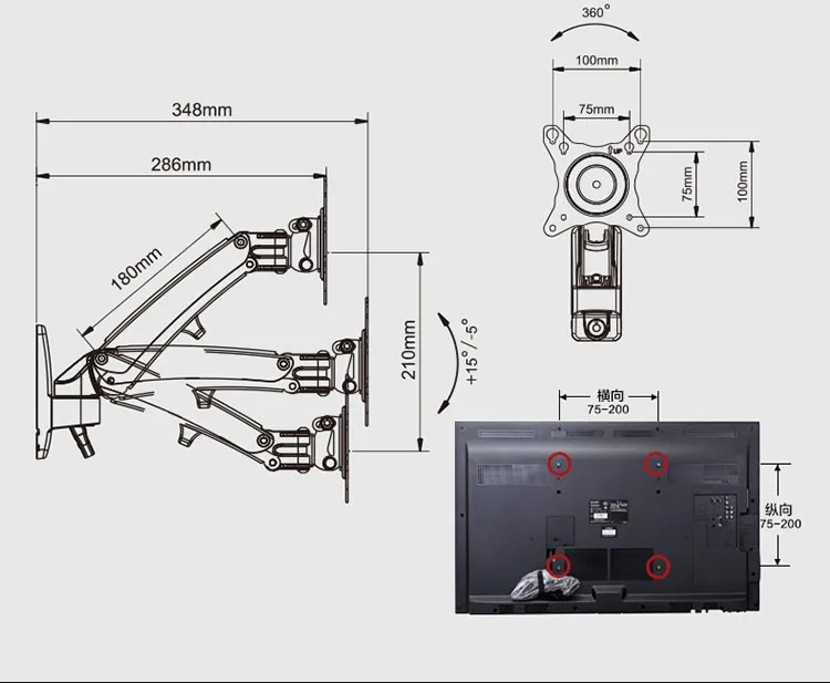 3"-40" NB F200 газовая пружина полный движения светодиодный ЖК-телевизор настенное крепление выдвижной вращающийся держатель для монитора грузоподъемность 11~ 22 фунта(5~ 10 кг
