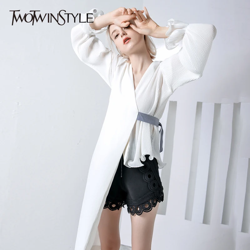 TWOTWINSTYLE, асимметричная шифоновая рубашка, топы для женщин, рукав-фонарик, на шнуровке, женская блузка, белая, повседневная одежда, лето-осень