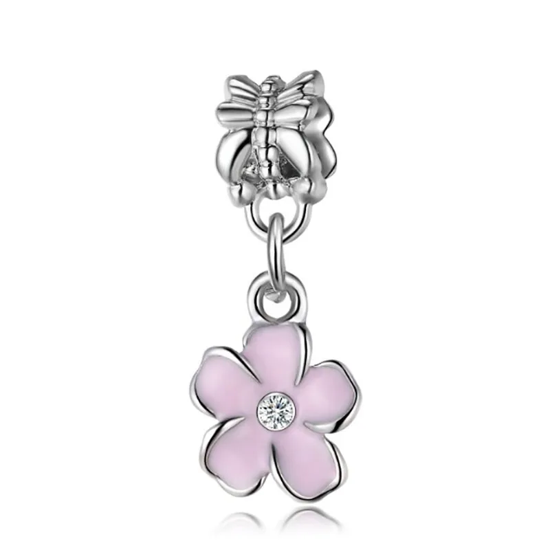 

DIY charms European plata de ley pink blue flower hanging bead charm Bracelets beads DGB369