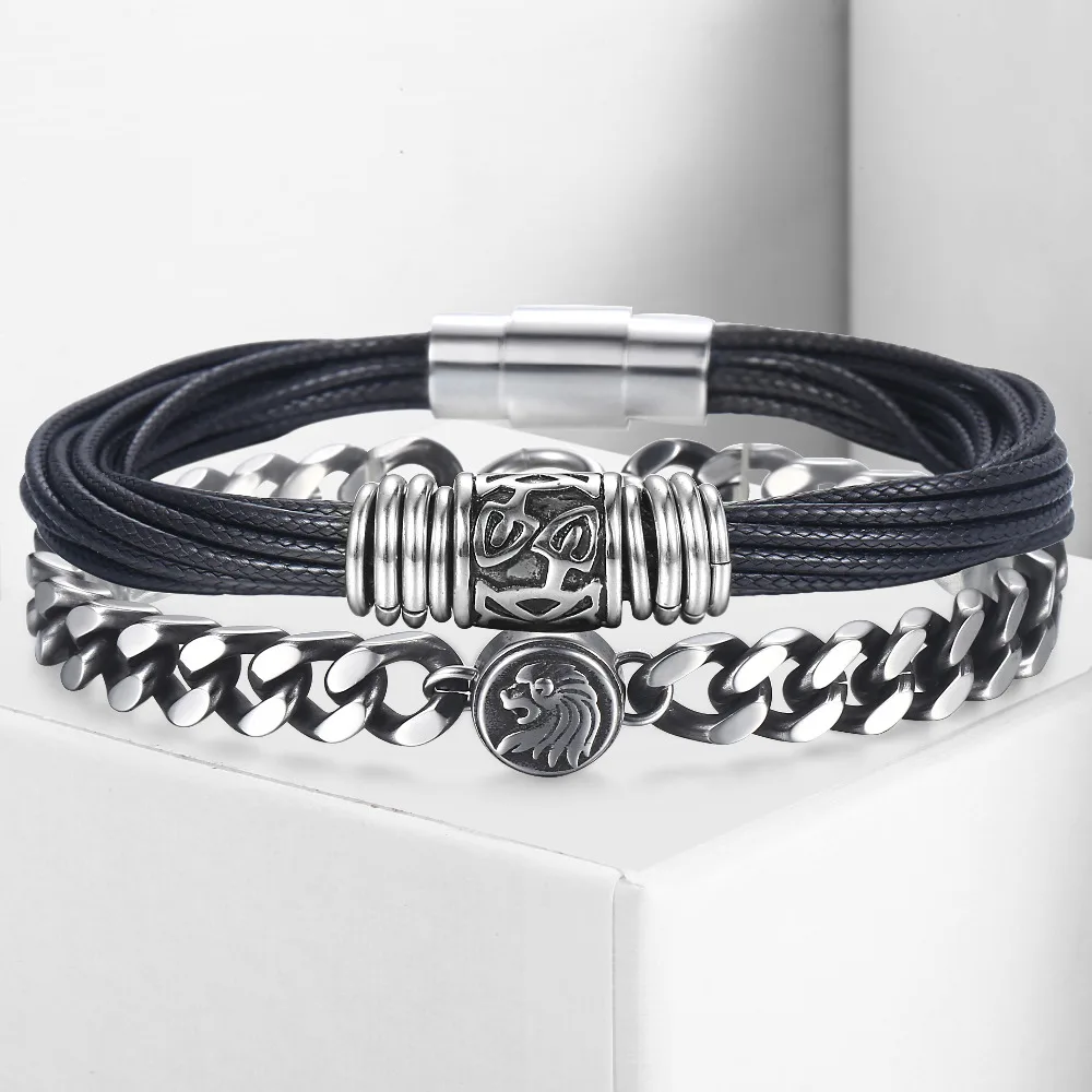 2Pcs/Set Leather Bracelet Stainless Steel Multilayer Braided Magnetic Clasp Gunmetal Curb Cuban Lion Head Charm Jewelry DLBF35 | Украшения