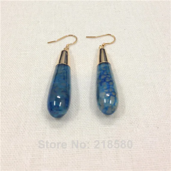 

H-CE32 Corn Shape Healing Crystal Blue Dragon Agat Dangle Earrings Gold Color