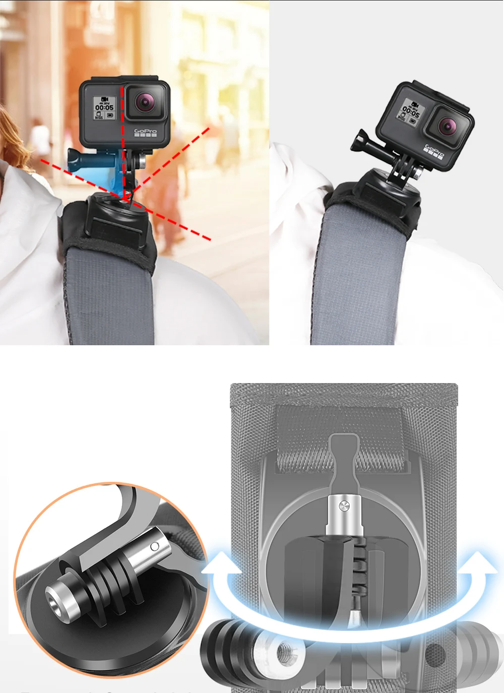 360 градусов вращение Quick Release Рюкзак с ремешком на застежке, крепление-защелка адаптер для экшн-камеры Gopro Hero 8/7/6/5/4/3 Экшн-камеры Xiaoyi Камера