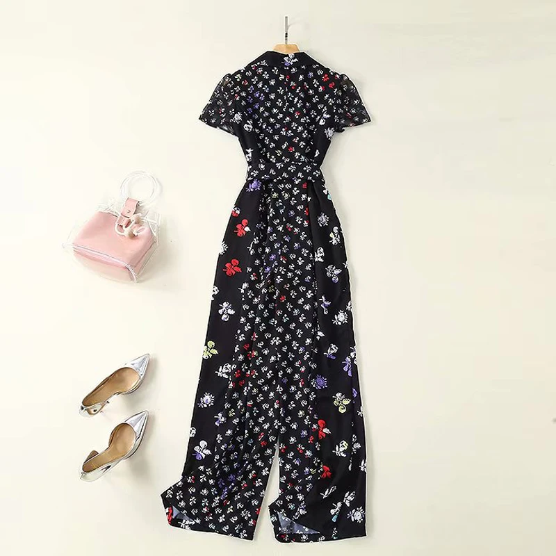 HIGH STREET новейшая мода дизайнерский комбинезон женский элегантный костюм с отложным воротником широкие брюки с цветочным принтом Комбинезон