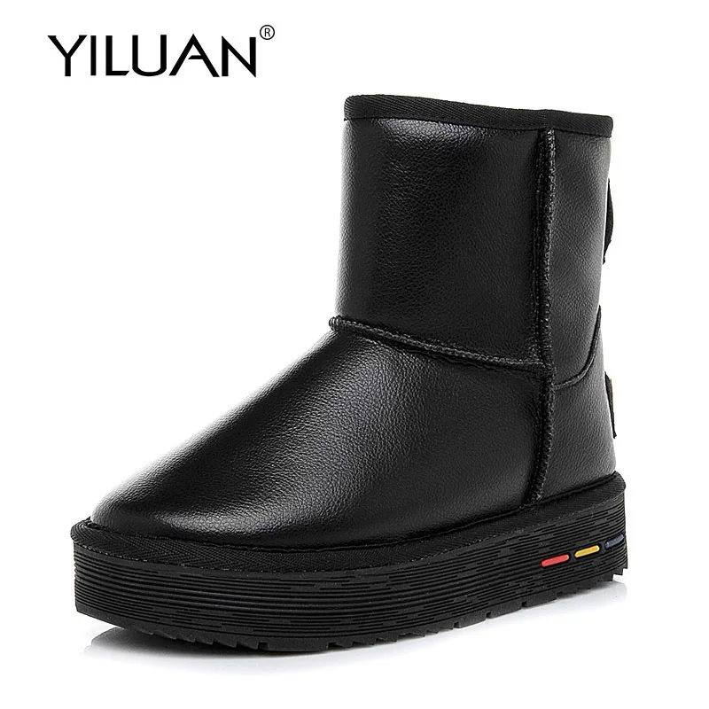 YILUAN/черные зимние ботинки; Модные женские зимние ботинки на платформе; стиль года; женская обувь для студентов; меховые кожаные ботинки для девочек - Цвет: black