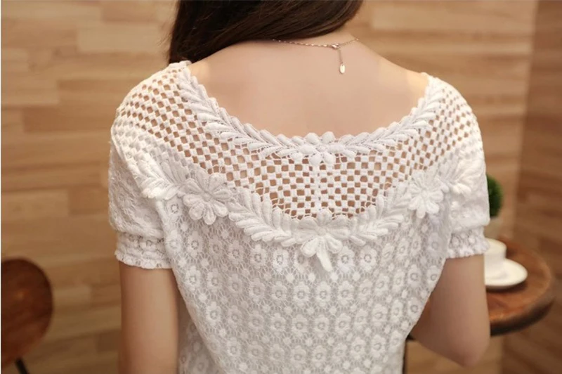 2017 Hot Sell Women Lace Shirt Slim Tops Beaded Embroidery Neck Short Sleeve Hollow Crochet Chiffon Blouse Plus Size |