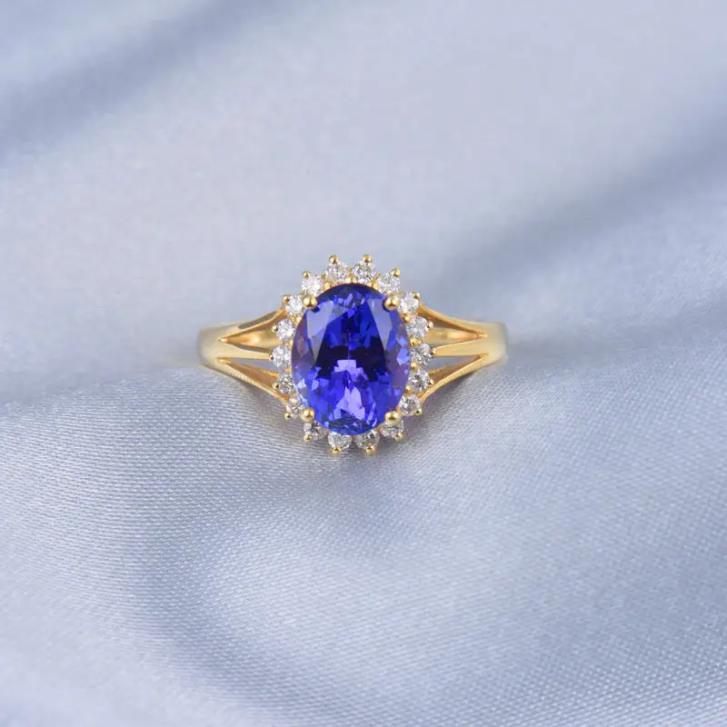 LOVERJEWELRY Винтаж овал 9x7 мм сплошной 14Kt желтого золота с бриллиантами Танзанит