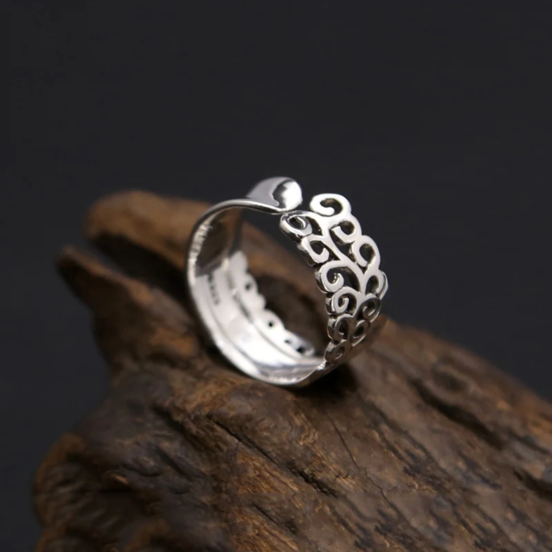 Настоящее 925 пробы серебро полые резные цветы регулируемое кольцо ювелирные