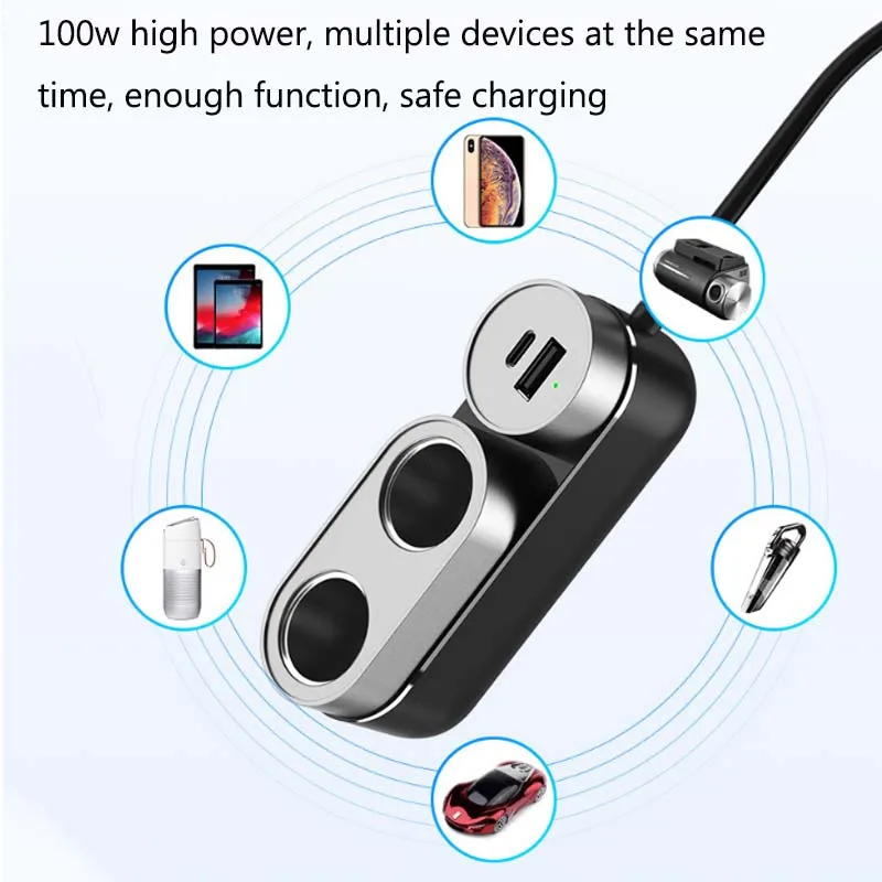 Автомобильное зарядное устройство URANT 100 Вт с двумя USB разъемами и разветвителем