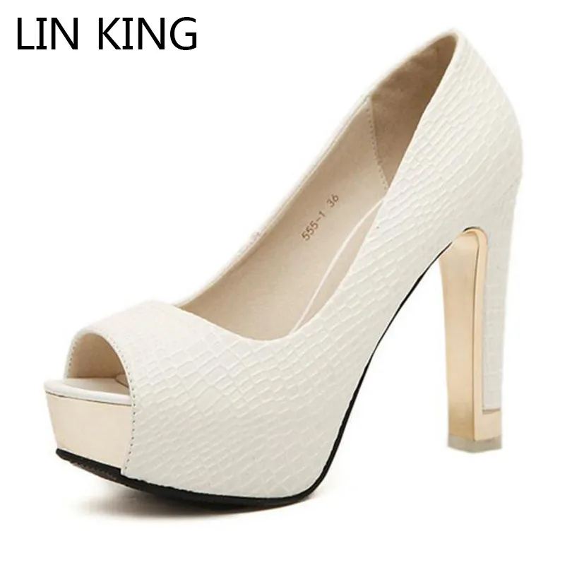 LIN KING/новые женские туфли-лодочки черного и белого цвета; пикантные туфли на высоком каблуке с открытым носком; Летняя обувь на платформе; женские офисные туфли из искусственной кожи