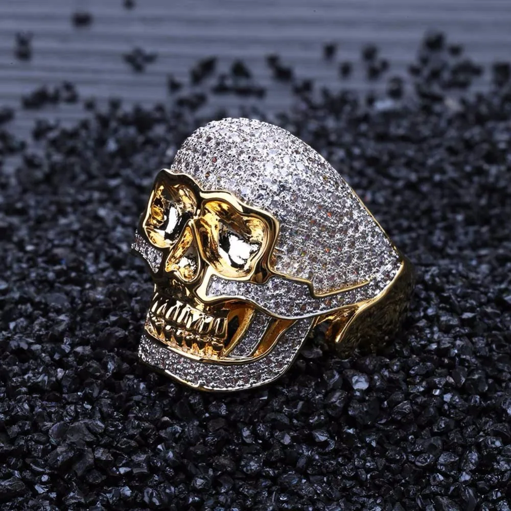 

Hip Hop CZ Stone Pave Ice Out Bling Golden Ring Gold Color Copper Material Skeleton Skull Rings for Men Rock Jewelry