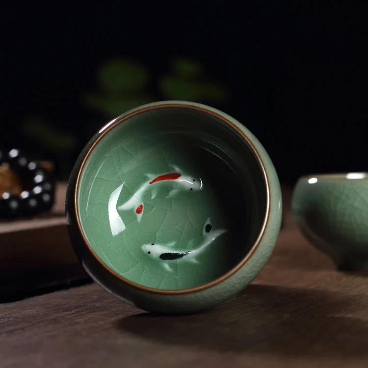 Китайский Longquan Celadon Золотая рыбка Чашки Чай чайник чашки caneca фарфора треск