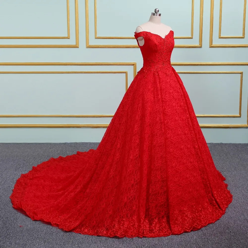 Vestidos De Novias с открытыми плечами красное кружевное платье аппликацией милое