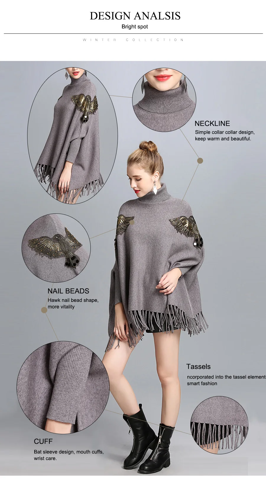 ZDFURS* Autumn Winter Long Knitted Women Eagle Appliqued Sweater Fashion Long Batwing Sleeves High Neck Stole Tassel Poncho