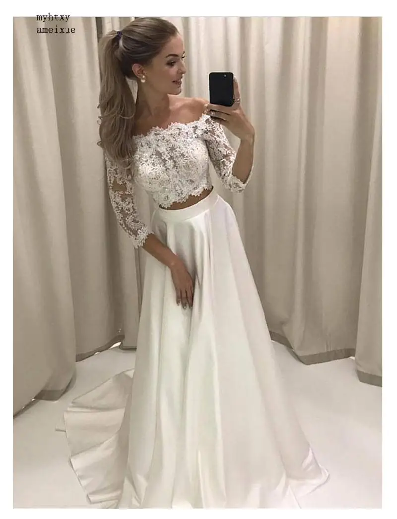 

Sexy White Boho Wedding Dress Lace 3/4 Sleeves Chiffon Simple Princess Bride Dress 2 Sets Pieces Custom Made Wedding Gown 2020