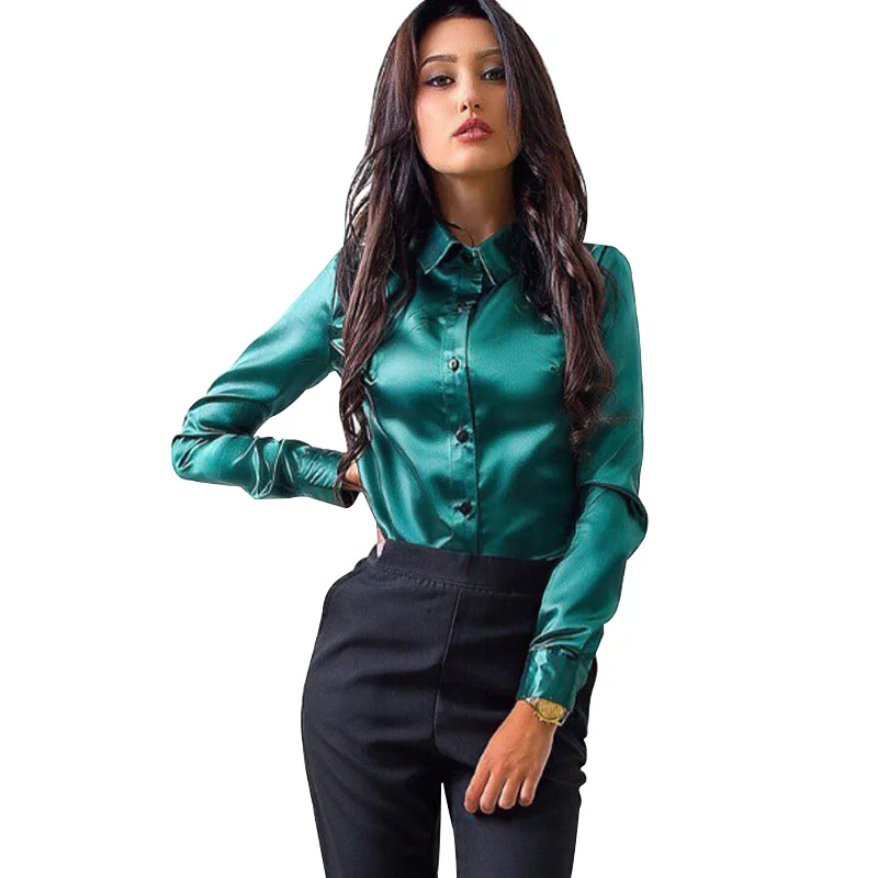 Для женщин атласный шелк блузки Button нагрудные рубашка с длинными рукавами