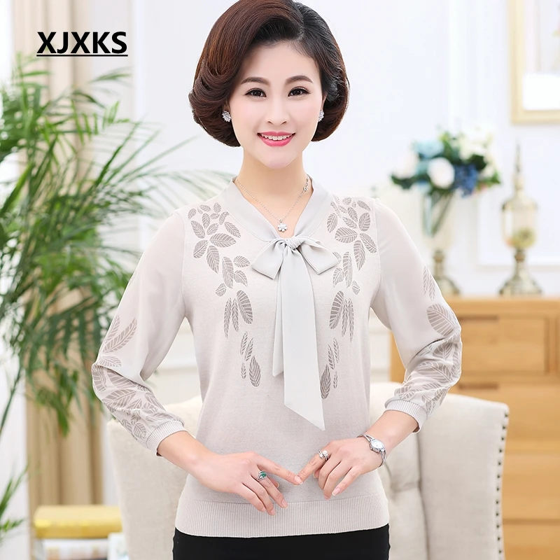 XJXKS Blusa Feminina, весенние и летние топы, верх размера d, трикотаж, подарок для матери, шифоновая блузка с рукавом размера плюс, женская блузка - Цвет: Серый