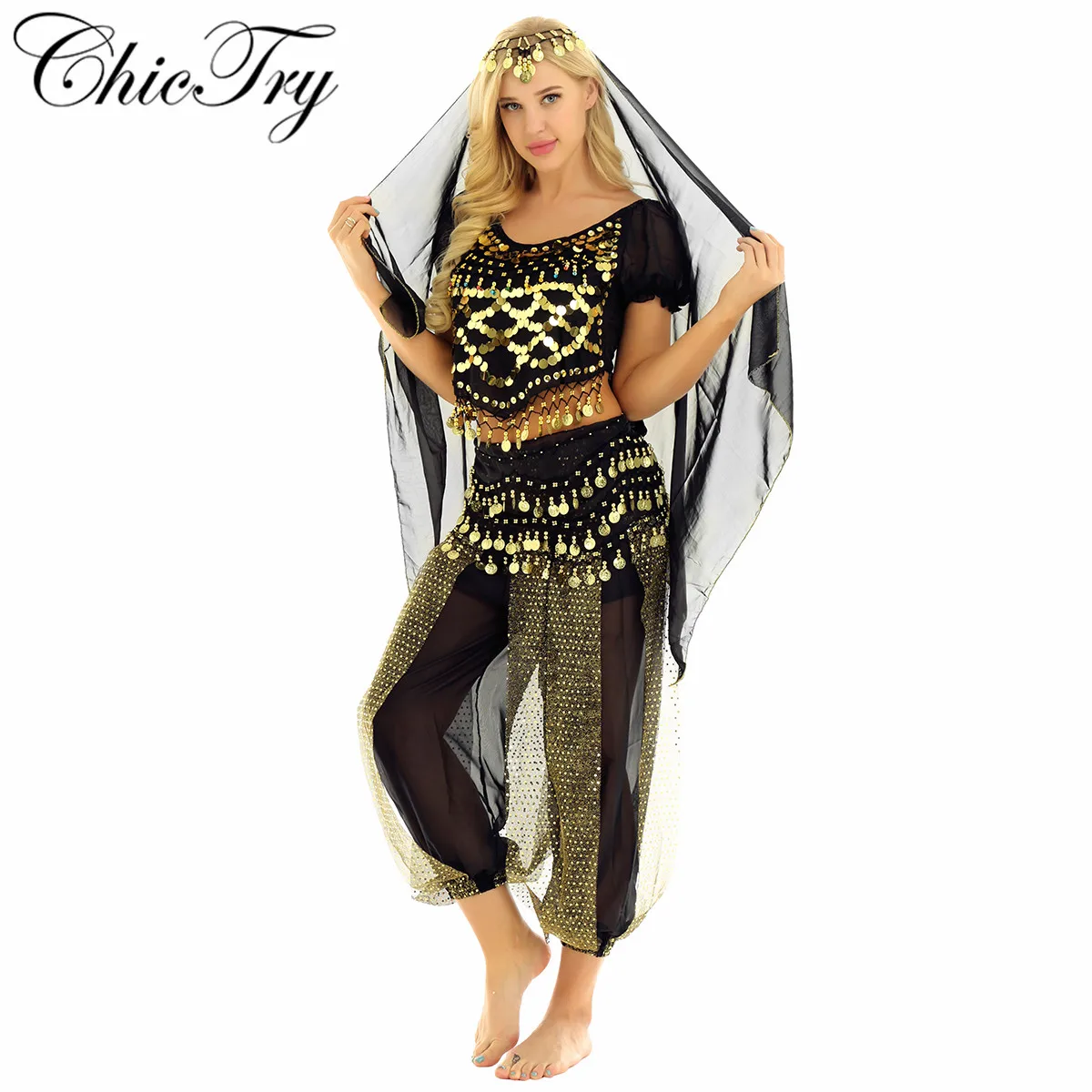 Women Girls Dance Halloween Carnival India Dance Costume Set Outfit Set Coins Top with Harem Pants Hip Scarf and Head Scarf