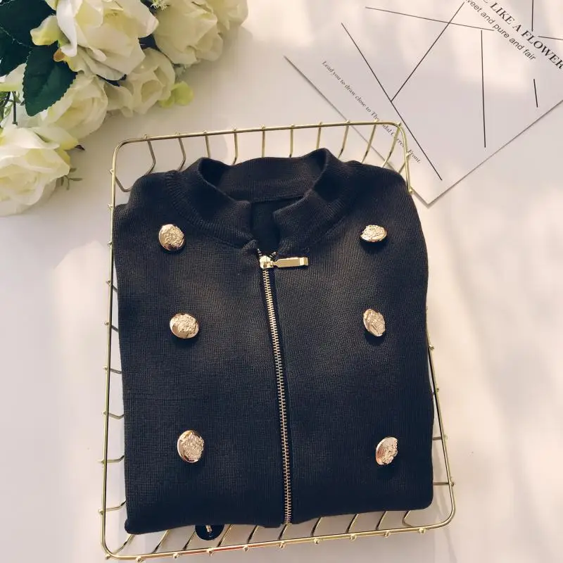 autumn and winter new women O-neck buttons zipper long sleeve waist pockets OL elastic knitted dress female sweater dresses