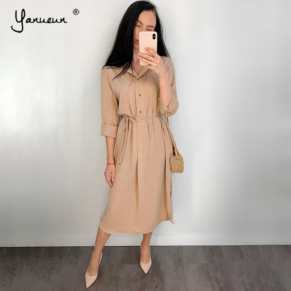 Yanueun 2019 весенние свободные платья с длинным рукавом и поясом отложным воротником