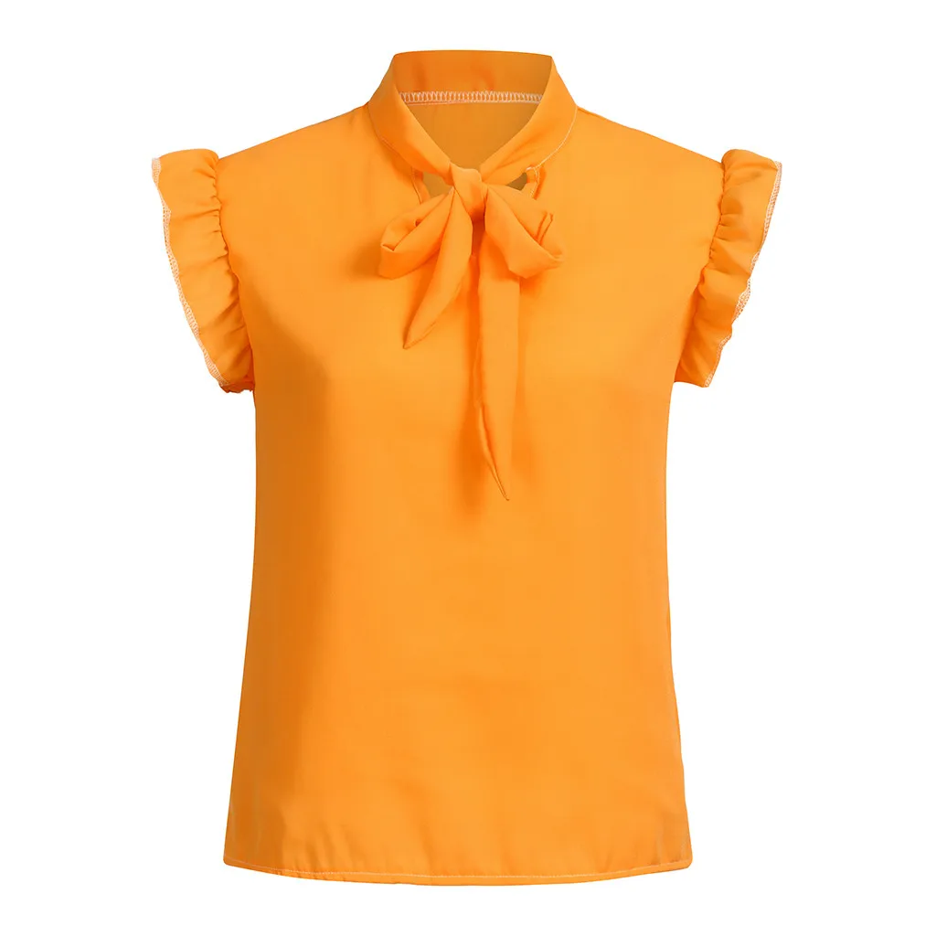 Yellow Женская футболка, Camiseta Mujer, Повседневная футболка с коротким рукавом и галстуком-бабочкой, однотонная шифоновая футболка, Топы, Chemise Femme, женская футболка - Цвет: Yellow