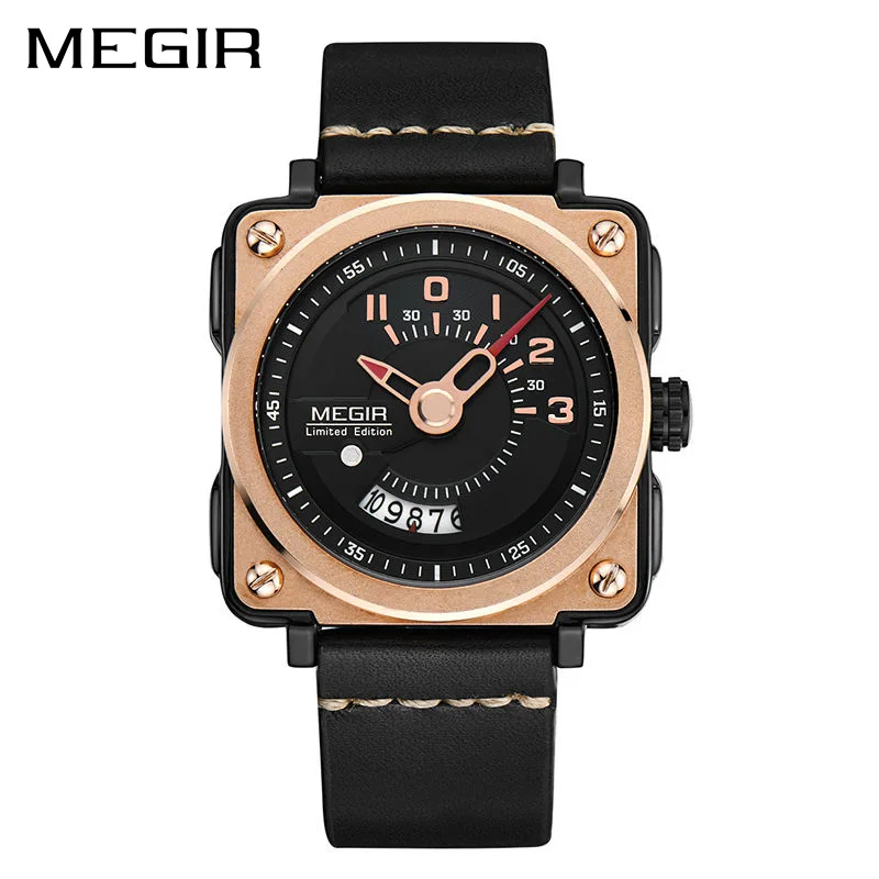 MEGIR спортивные мужские часы с кожаным ремешком квадратные Relogio Masculino Мужские