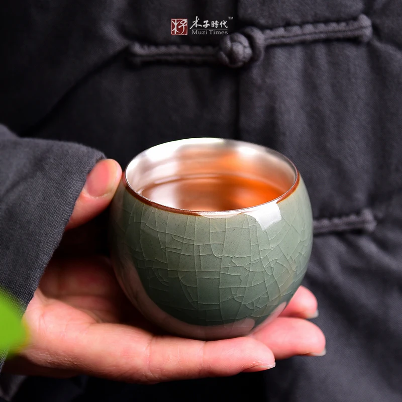 

999 Silver Ceramic Teacup Silver Pin Ming Cup Kungfu Teaware Single Cup Insert Silver Master Cup Ruyao Geyao Tea Cup