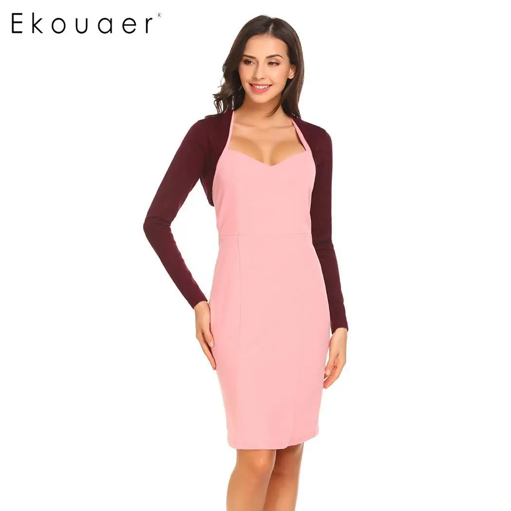 wine red Ekouaer женский укороченный кардиган свитер длинный рукав болеро однотонный Kinited короткий топ кардиган Топы Женская одежда - Цвет: wine red