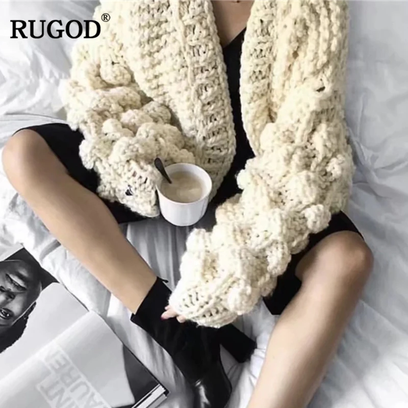 Новинка Свободный кардиган ручного вязания с рукавами фонариками RUGOD женский