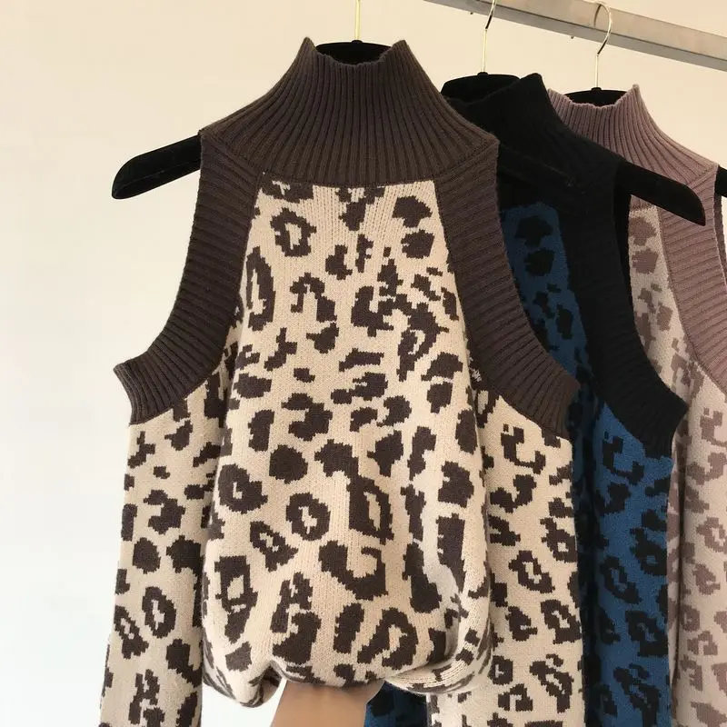 Amolapha Women Off Shoulder Leopard Print Turtleneck Knitted Sweater Jumper Tops Woman Fashion Sweaters Costumes | Женская одежда