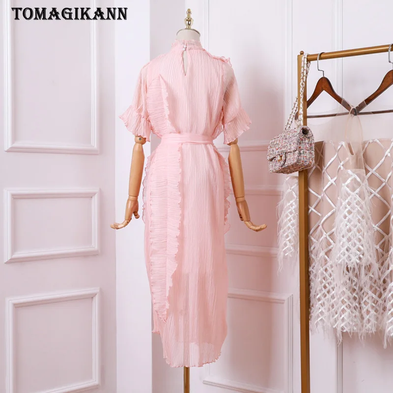 Однотонные плиссированные длинное платье с оборками 2019 элегантный розовый