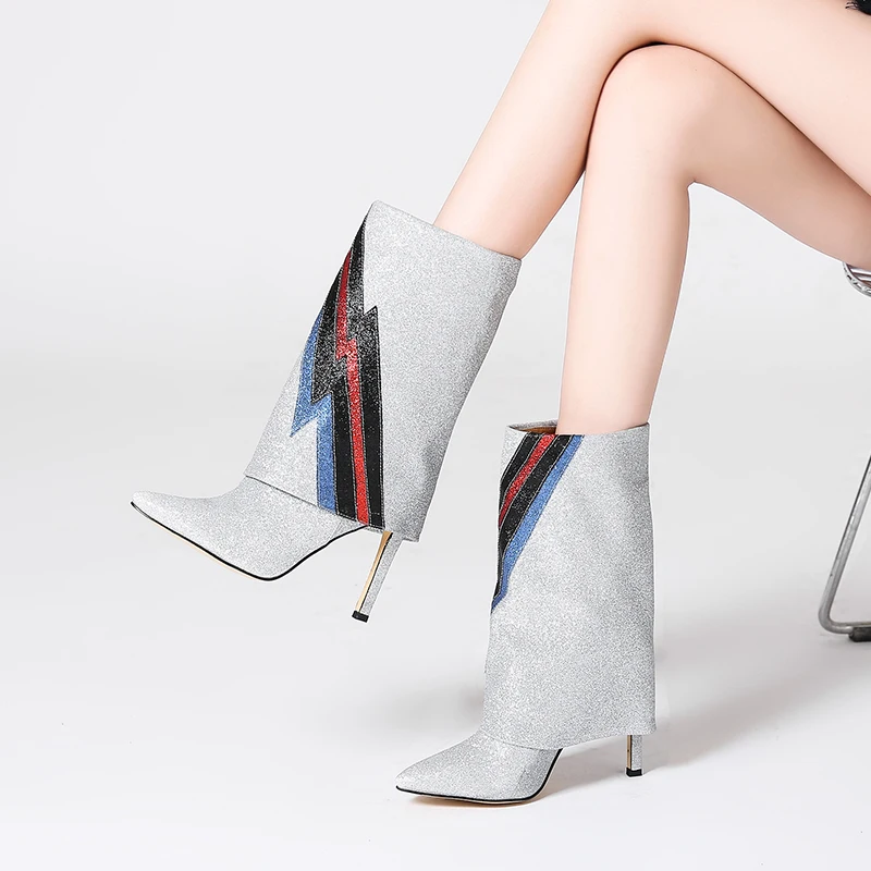 

WETKISS Glitter Women Mid Calf Boots Pointed Toe Footwear High Heels Female Boot Sequinted Cloth Bling Shoes Woman 2018 Winter
