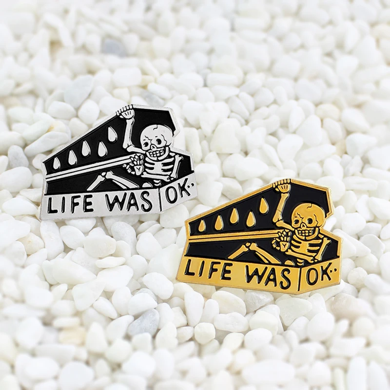 Ретро готический скелет гроб эмалированная брошь &quotLife was ok&quot булавка креативная
