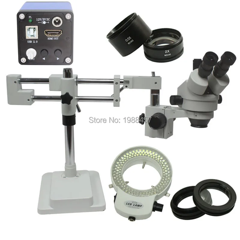 

3.5X-90X Double Arm Boom Stand Trinocular Stereo Zoom Microscope With 1080P HDMI Camera 144 LED Light Source Mobile CPU Repair