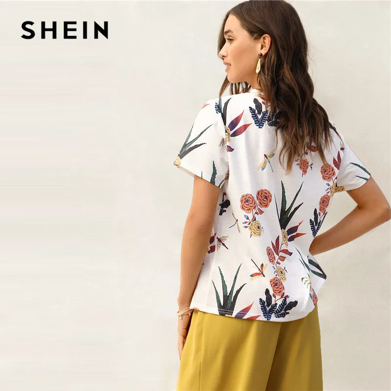 SHEIN Цветочная Футболка С Графическим Принтом Женский Летний Повседневный Топ С Короткими Рукавами И Круглым Вырезом