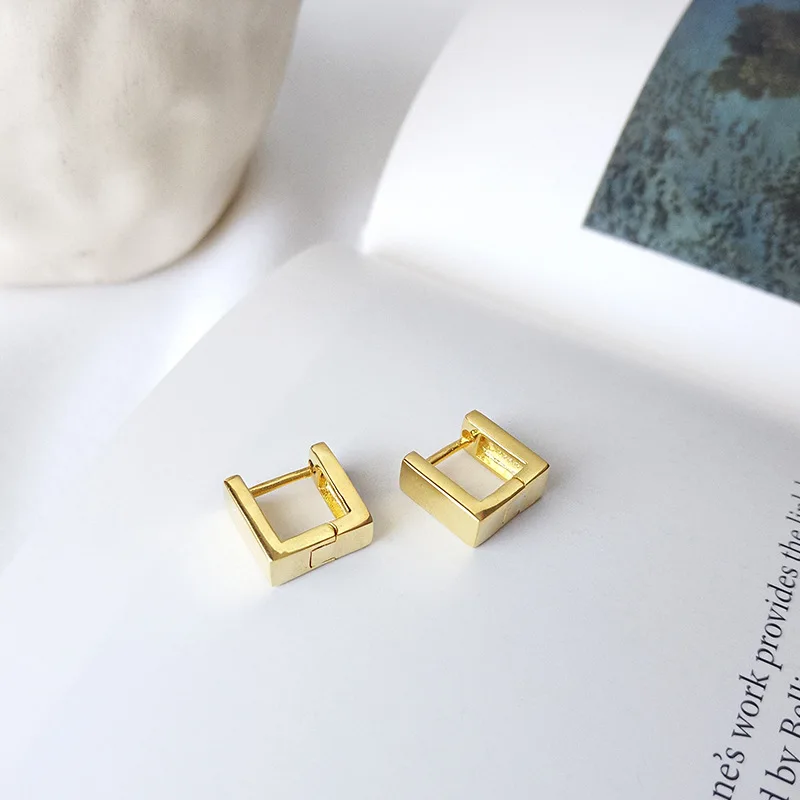 925 sterling silver personality cold wind geometry 3D stereo square ear ring ear bone ear buckle trend female silver ear jewelry - Окраска металла: 1 pair gold 6.5mm