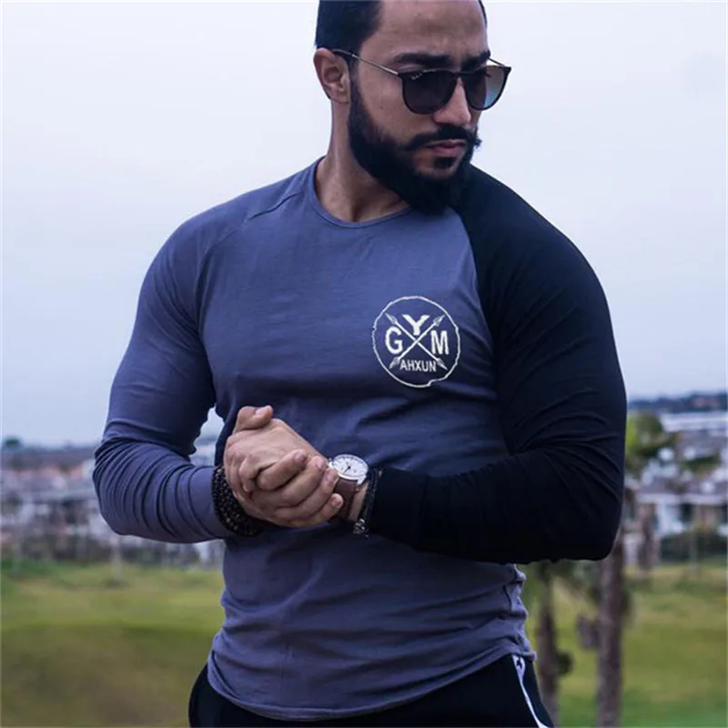 GYMLOCKER новая футболка с длинным рукавом вышивкой Мужская хлопковая О-образным