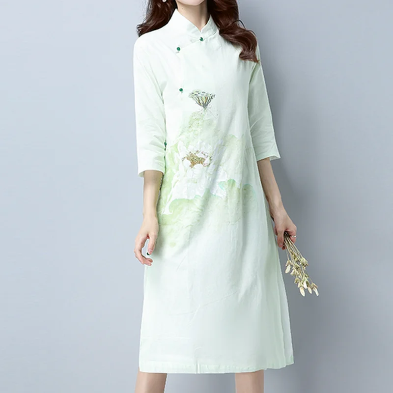 KYMAKUTU Three Quarter Sleeve Autumn Vestidos Stand Collar Chinese Style Button Dresses Split Elegant Print Cotton Linen Dress | Женская