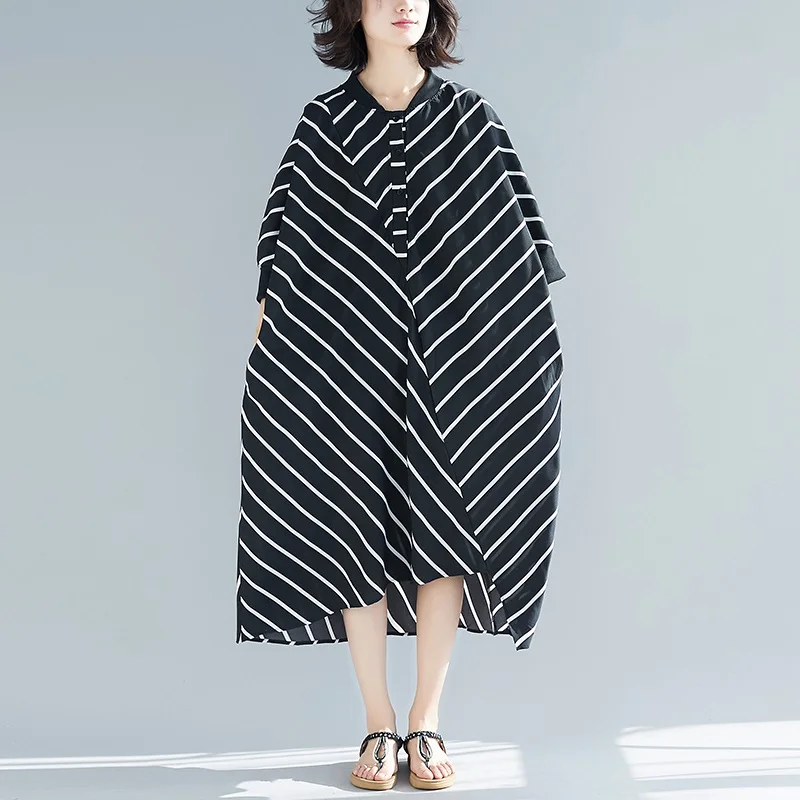 white black stripe vintage plus size women casual loose long spring summer shirt dress elegant clothes 2020 ladies dresses | Женская