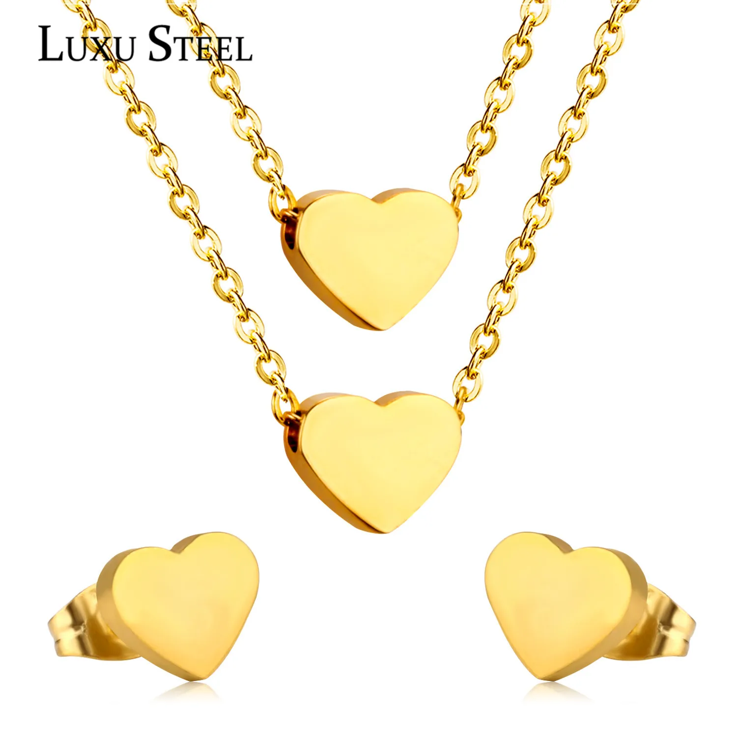 Комплект из ожерелья и сережек LUXUSTEEL золотое ожерелье с двойным сердцем модная