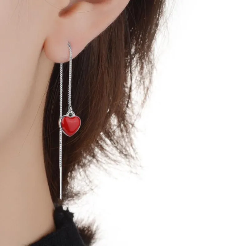 

Popular Beautiful Exquisite Fashion 925 Sterling Silver Jewelry Long Tassel Ear Line Red Heart Shaped Love Dangle Earrings SE489