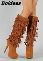 classic brown suede flowing fringe stiletto heels women round toe platform tassel boots side zip long boots