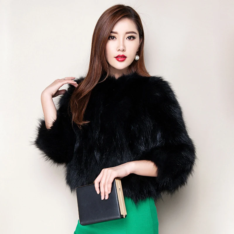Women coat Real Knitted Raccoon Fur Women's Coat Short Paragraph Slim Natural Fur Jacket Casual style