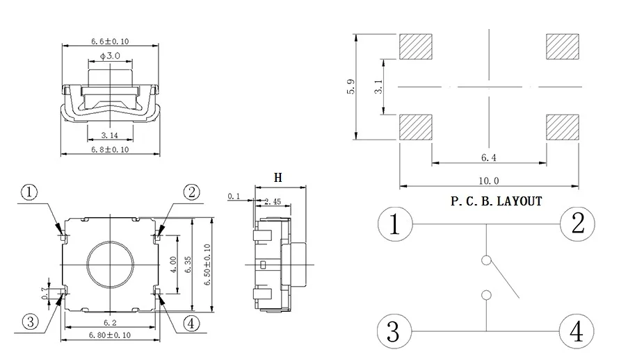 1000pcs 6x6 Tact Switch 6.2 mm x 6.3 J Terminal Height 2.3 3.1 3.5 3.8 4.5mm SMT Vertical Soft Feeling IP67 DTSWJ-6 Washable |