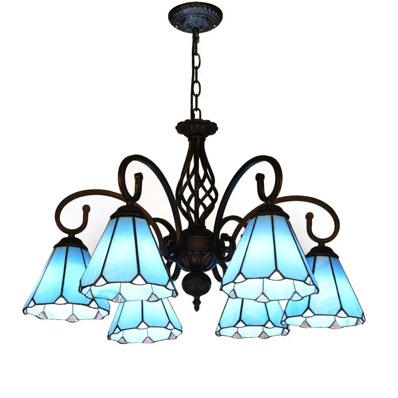 

Tiffany stained glass shade chandelier black lamp body blue glass kitchen bedroom chandeliers bohemian mediterranean style