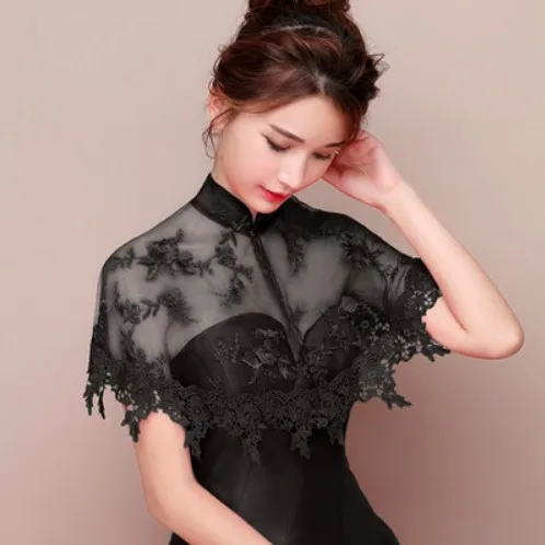 Cheongsam с высоким горлом, черный, красный, цвета слоновой кости, свадебное платье, женская шаль, накидка, болеро, кружевная, вечерняя, свадебная накидка, накидка