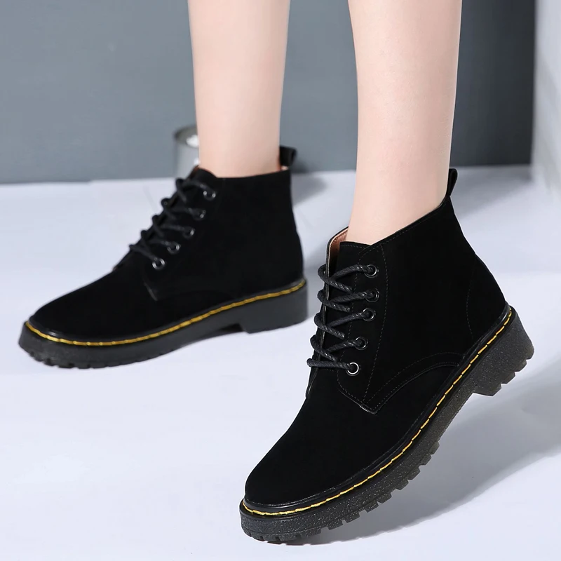 Black Short Plush Weideng/женские ботинки; кожаные зимние женские ботильоны на шнуровке в байкерском стиле с круглым носком; классическая обувь из короткого плюша; Высокий стиль; зарубежный склад - Цвет: Black Short Plush