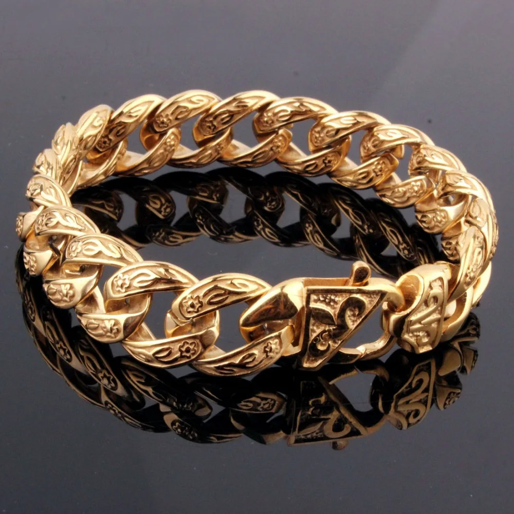 

Christmas Gift 316L Stainless Steel Gold Color Flower Pattern Cuban Curb Chain Men's Boy's Bracelet Bangle 9"*15mm Punk Jewelry