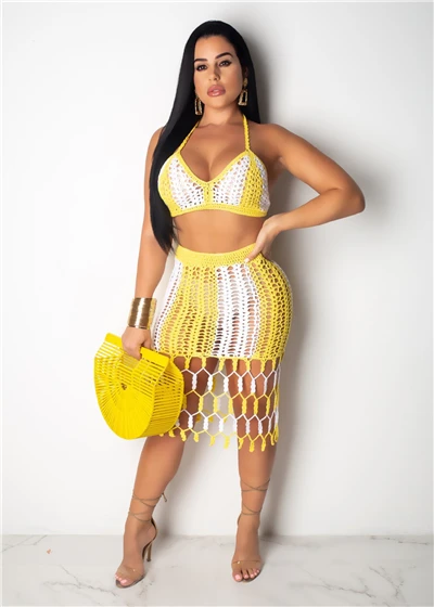 yellow dress Adogirl/цветное лоскутное пляжное платье ручной вязки, комплект из двух предметов, бюстгальтер, топ, облегающая миди юбка лето, женская одежда - Цвет: yellow dress